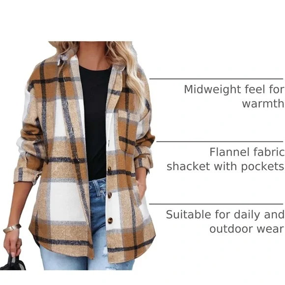 Womens Long Sleeve Plaid Shirts Flannel Lapel Button Down Shacket Jacket Coats - Picture 3 of 3